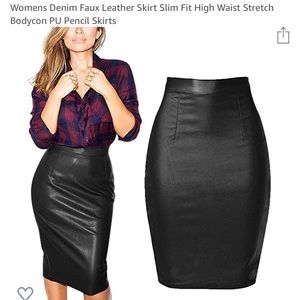 Womens Denim Faux Leather Skirt Slim Fit High Wais